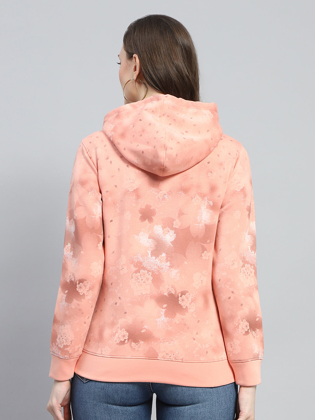 Women Peach Printed Hooded Full Sleeve Sweatshirt