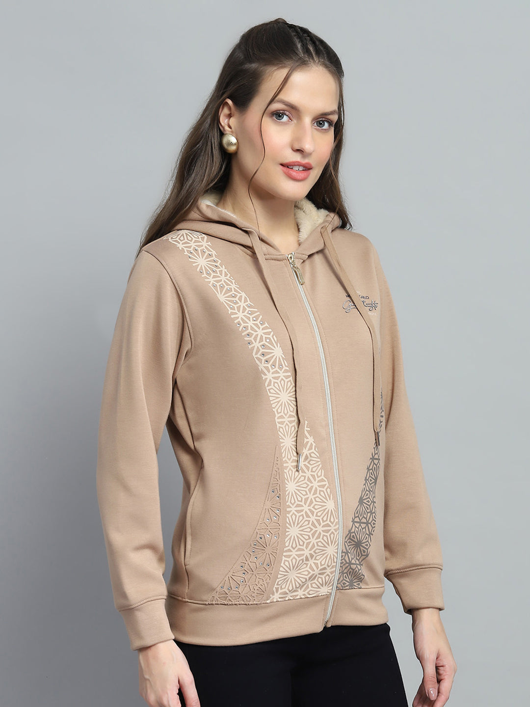 Women Beige Printed Hooded Full Sleeve Sweatshirt