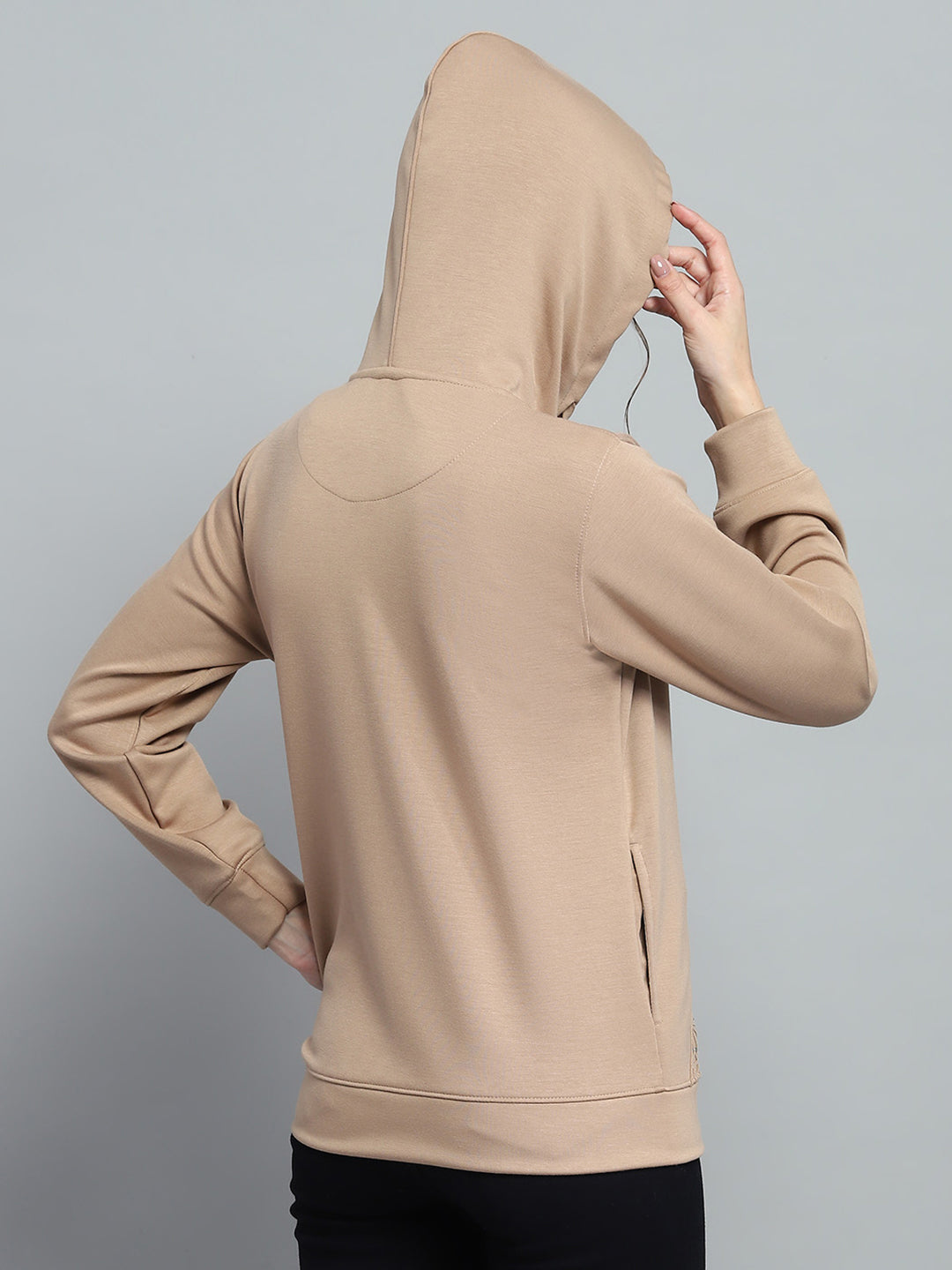 Women Beige Printed Hooded Full Sleeve Sweatshirt