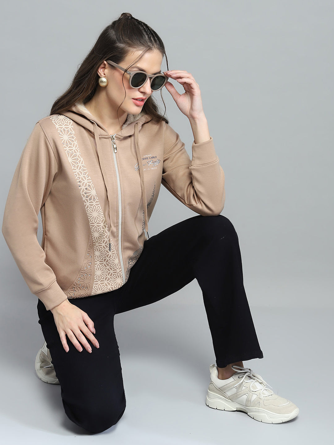 Women Beige Printed Hooded Full Sleeve Sweatshirt