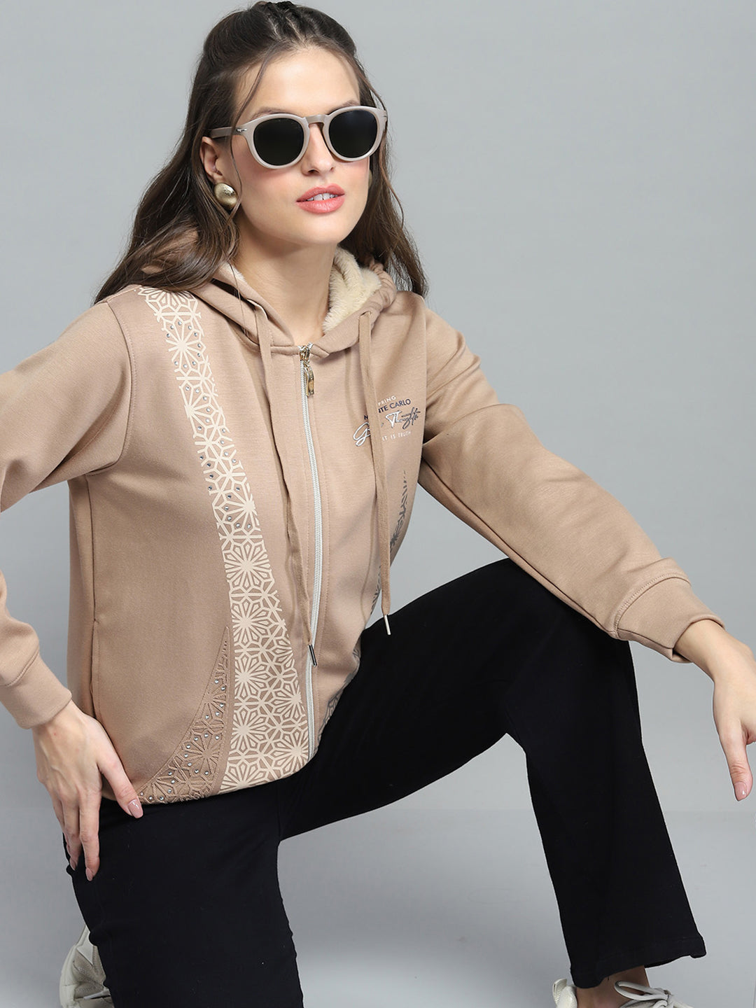Women Beige Printed Hooded Full Sleeve Sweatshirt
