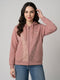 Women Peach Printed Hooded Full Sleeve Sweatshirt