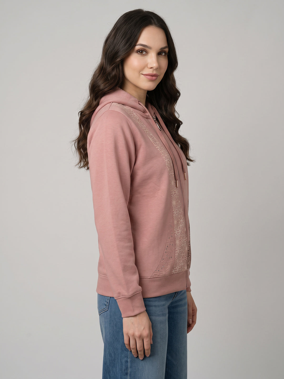 Women Peach Printed Hooded Full Sleeve Sweatshirt