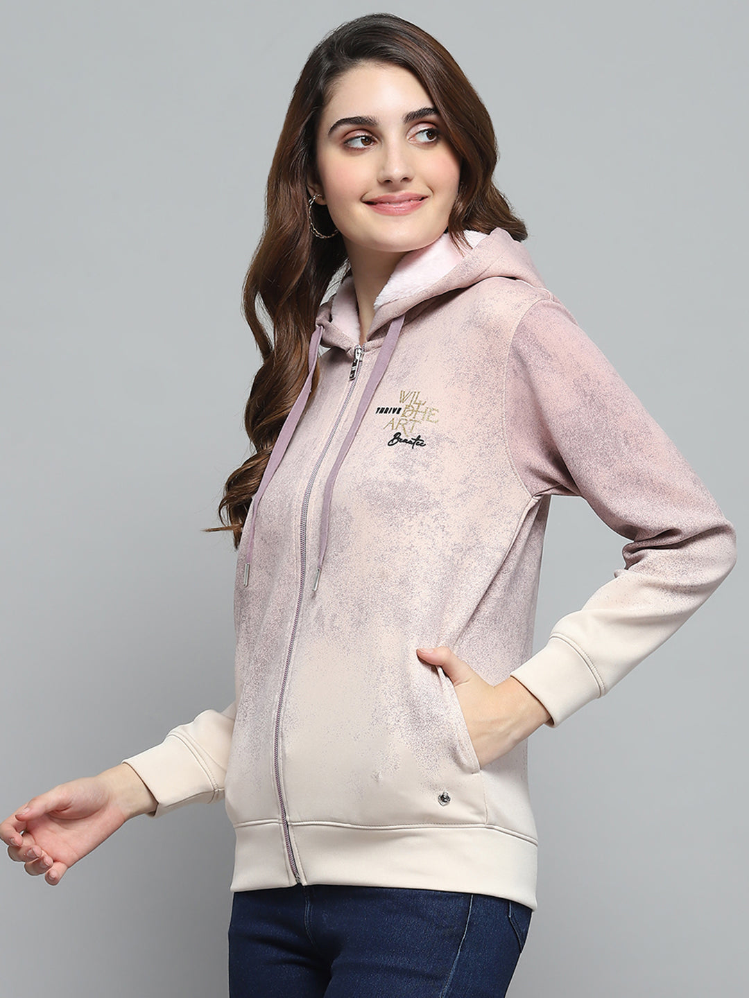 Women Peach Printed Hooded Full Sleeve Sweatshirt