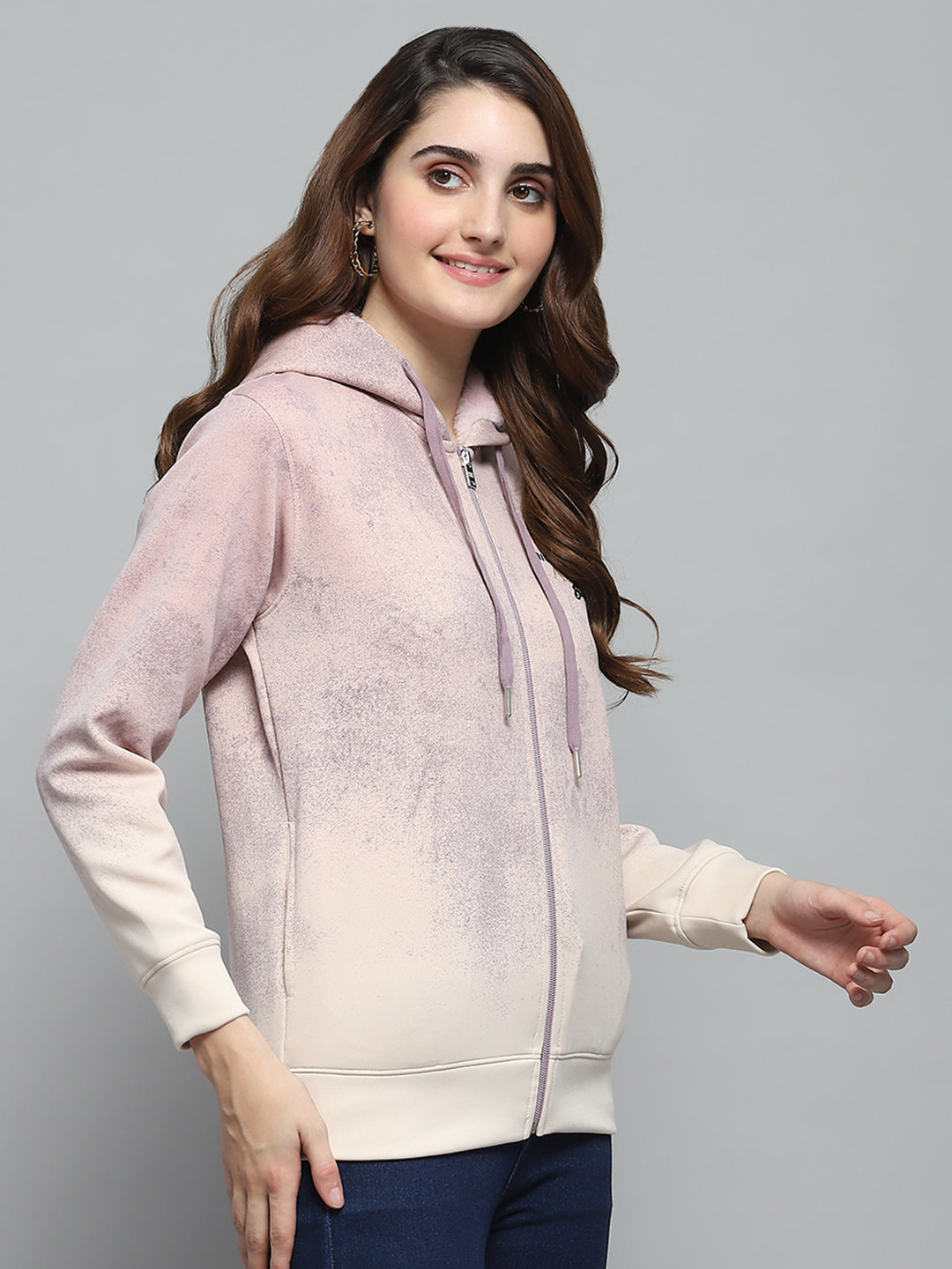 Women Peach Printed Hooded Full Sleeve Sweatshirt