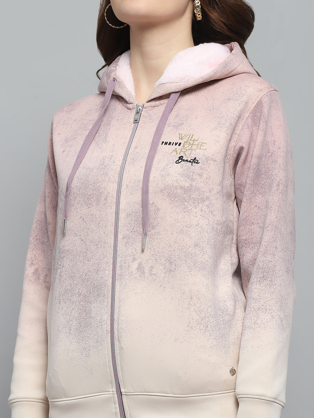 Women Peach Printed Hooded Full Sleeve Sweatshirt