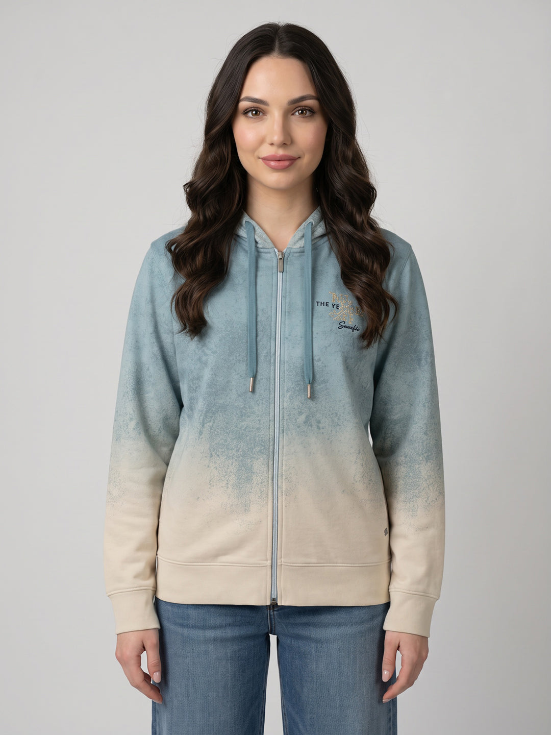 Women Blue Printed Hooded Full Sleeve Sweatshirt