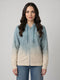 Women Blue Printed Hooded Full Sleeve Sweatshirt