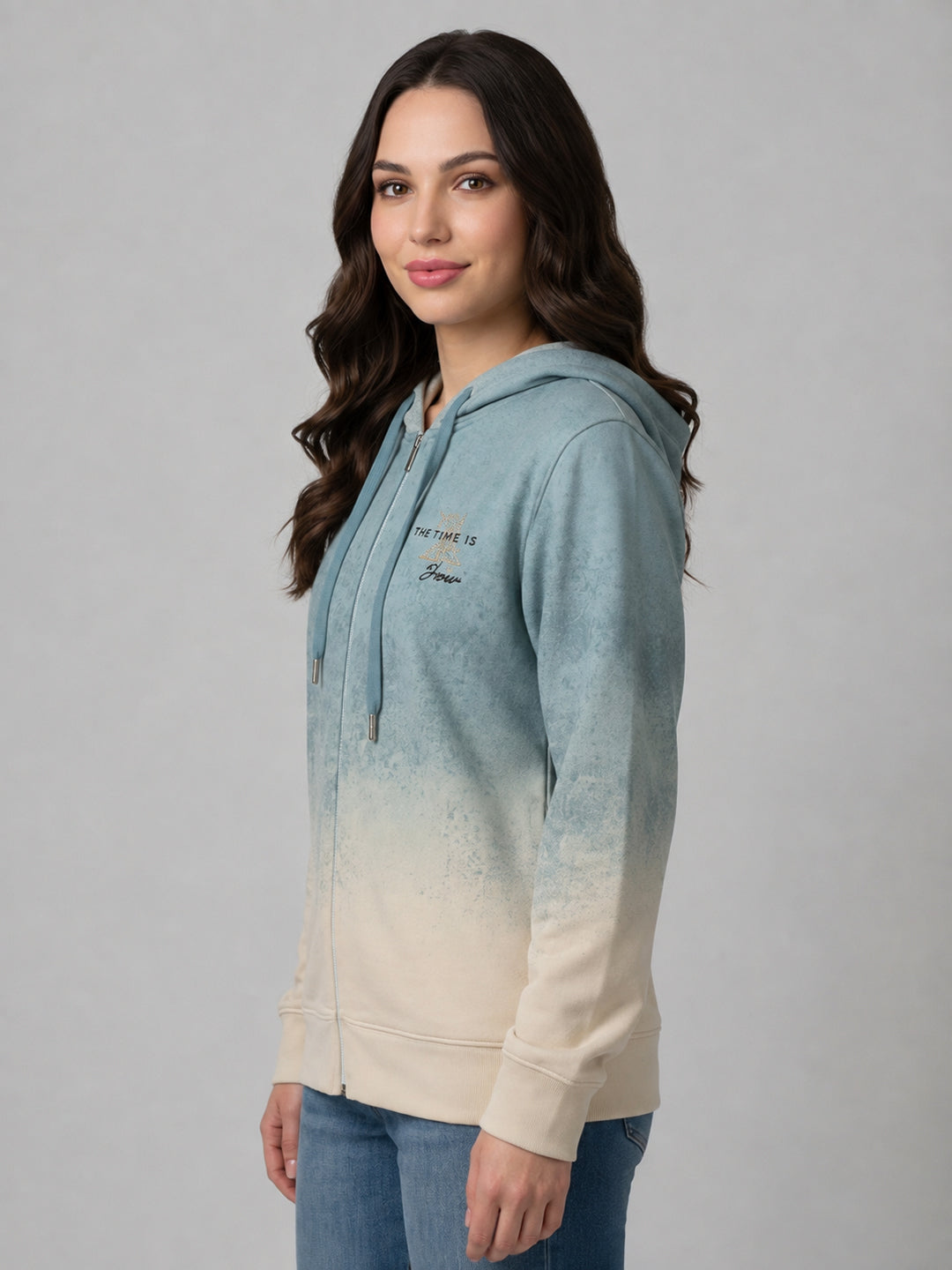 Women Blue Printed Hooded Full Sleeve Sweatshirt
