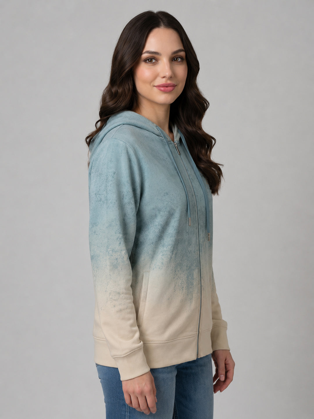 Women Blue Printed Hooded Full Sleeve Sweatshirt