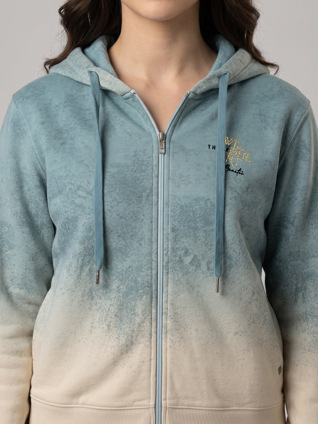 Women Blue Printed Hooded Full Sleeve Sweatshirt