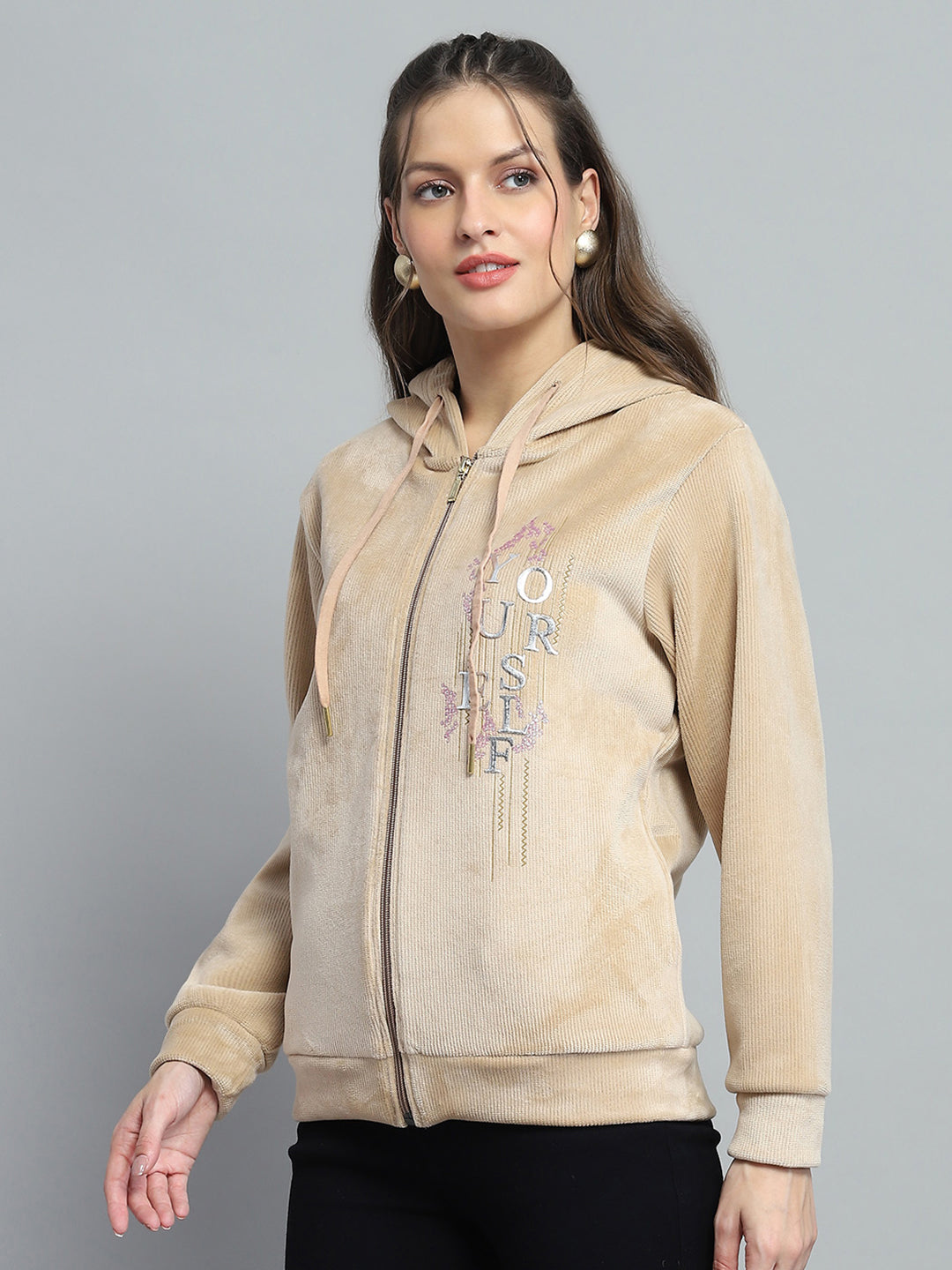 Women Beige Printed Hooded Full Sleeve Sweatshirt