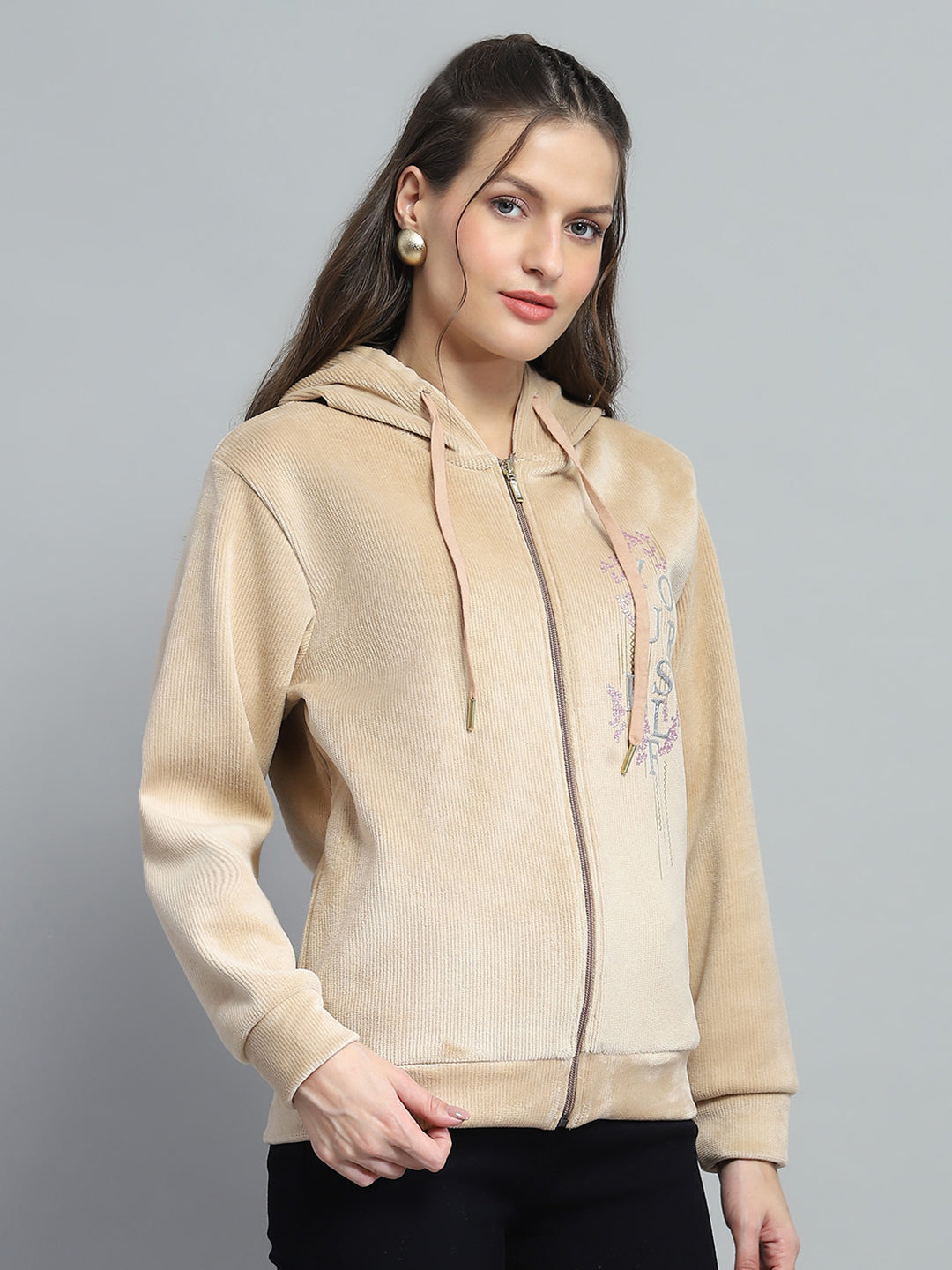 Women Beige Printed Hooded Full Sleeve Sweatshirt