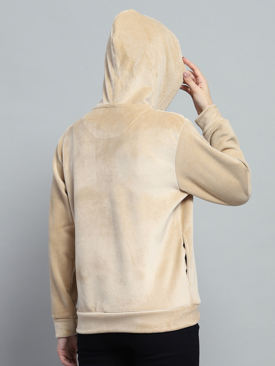 Women Beige Printed Hooded Full Sleeve Sweatshirt