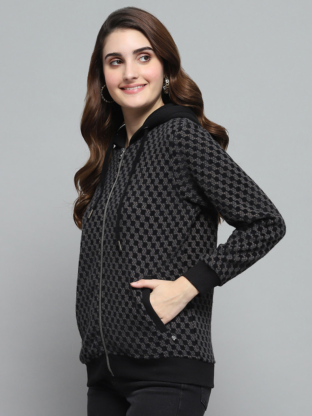 Women Black Self Design Hooded Full Sleeve Sweatshirt