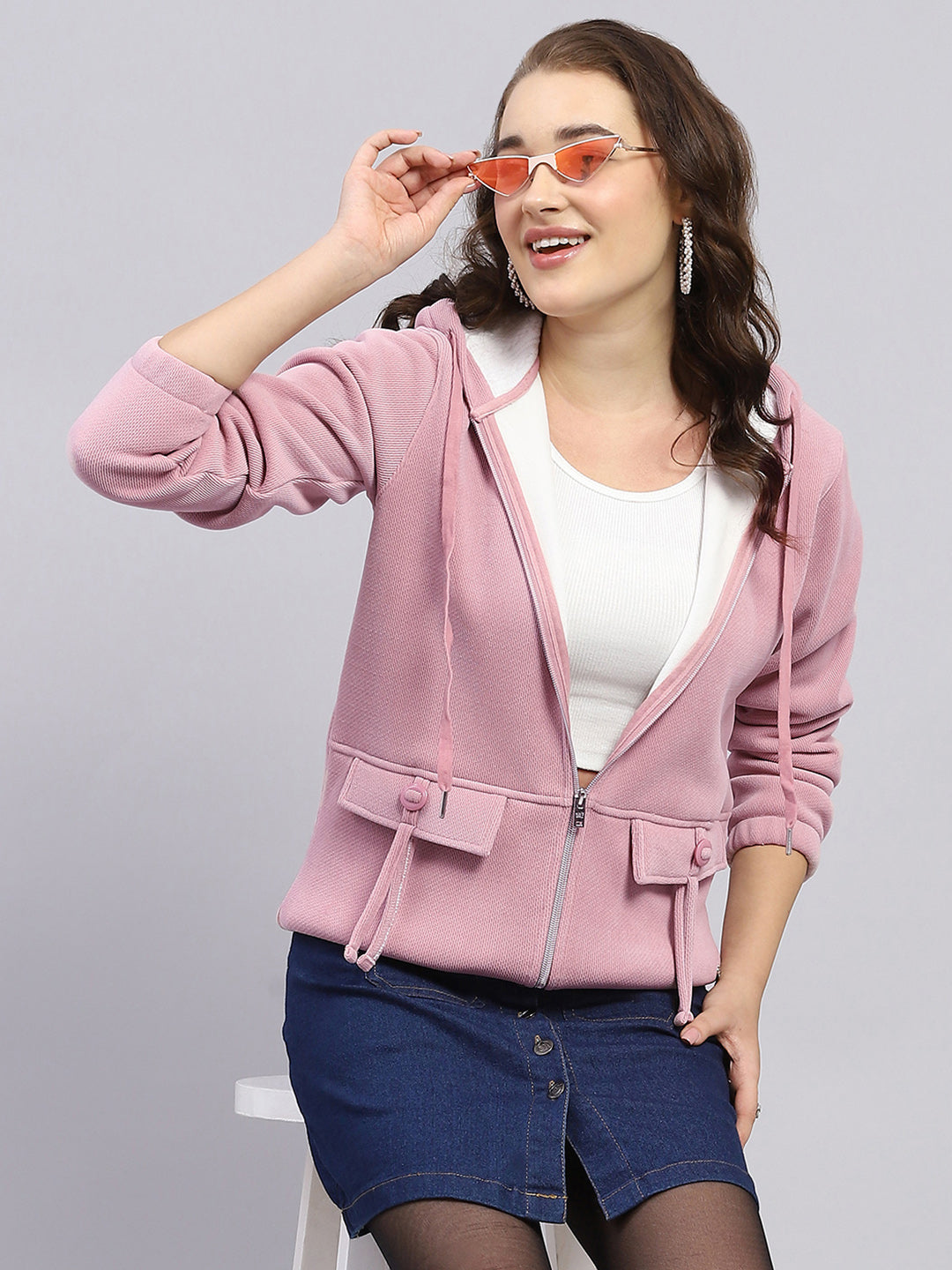 Women Peach Solid Hooded Full Sleeve Sweatshirt