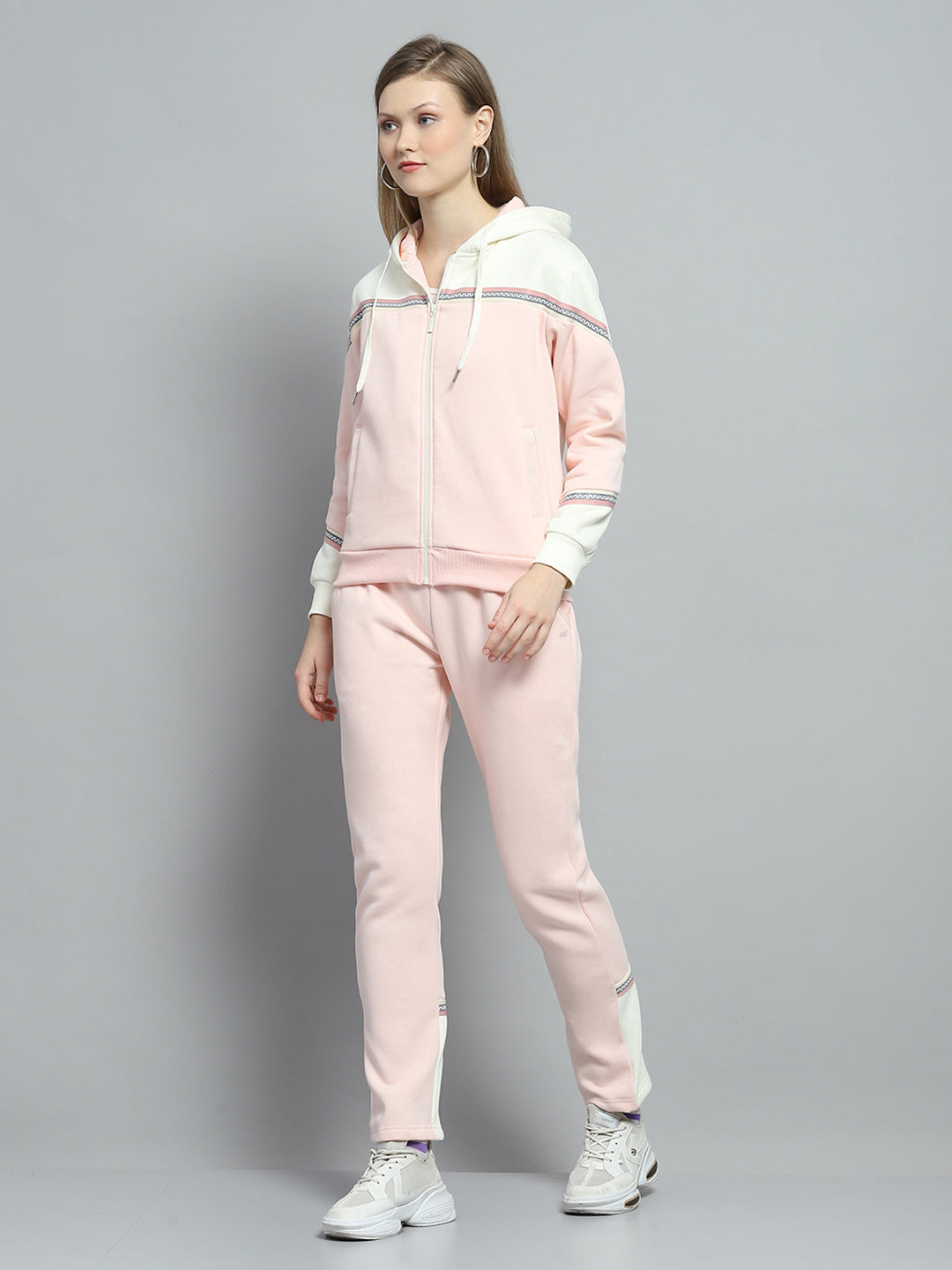 Women Peach Solid Hooded Full Sleeve Tracksuit
