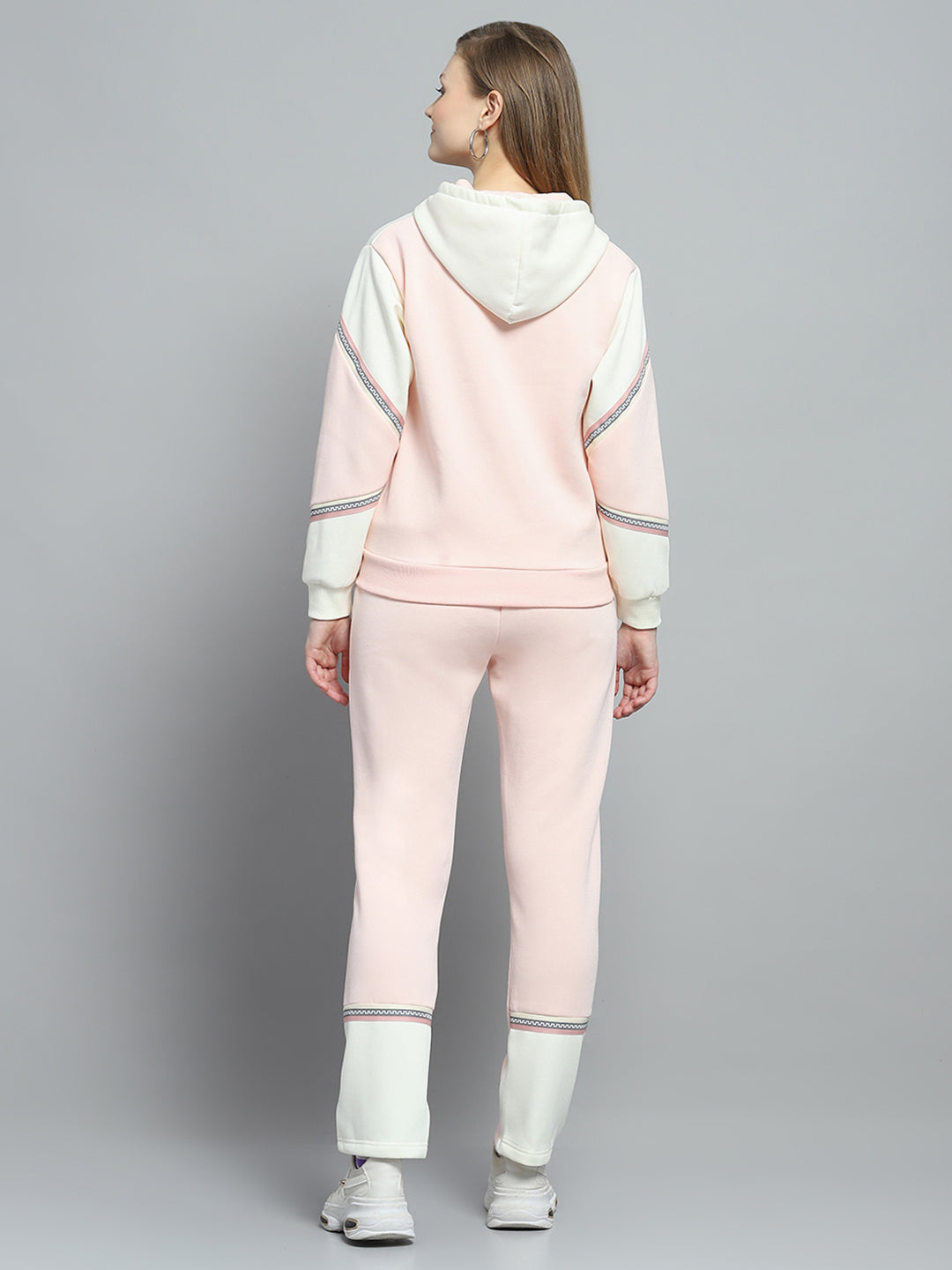 Women Peach Solid Hooded Full Sleeve Tracksuit