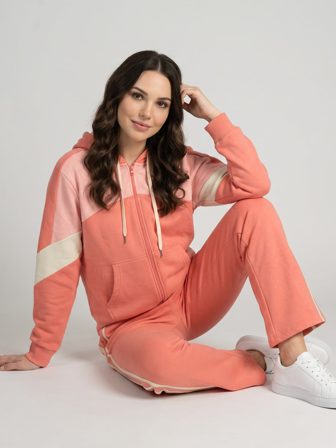 Women Coral Solid Hooded Full Sleeve Tracksuit