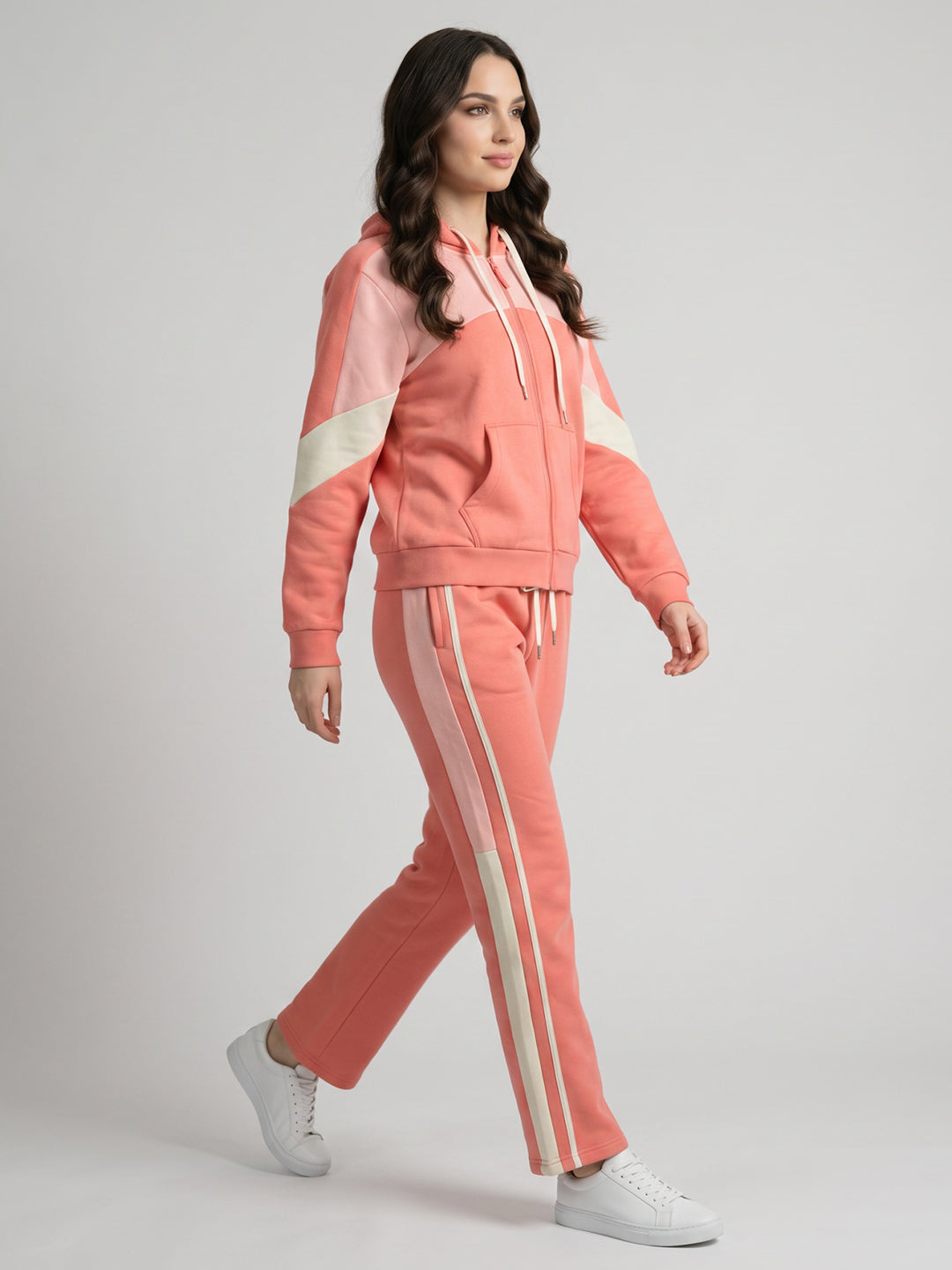 Women Coral Solid Hooded Full Sleeve Tracksuit