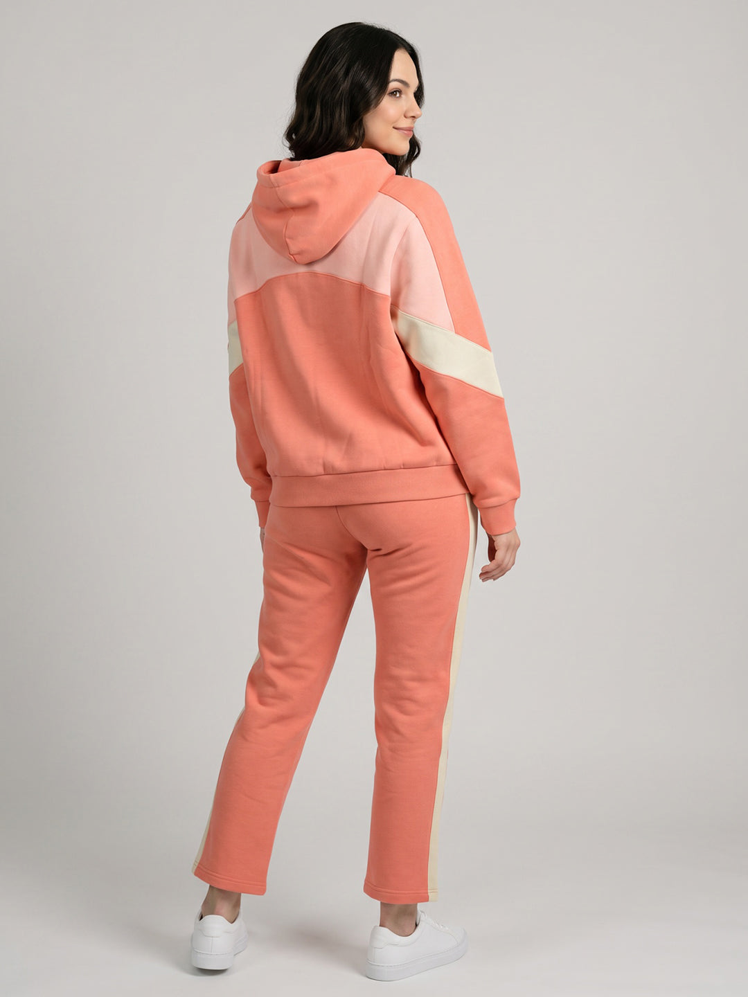 Women Coral Solid Hooded Full Sleeve Tracksuit