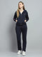 Women Navy Blue Printed Hooded Full Sleeve Tracksuit