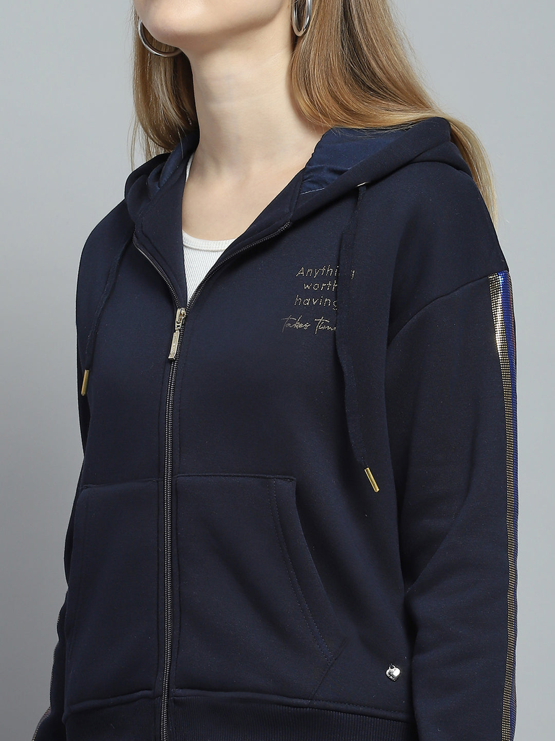 Women Navy Blue Printed Hooded Full Sleeve Tracksuit