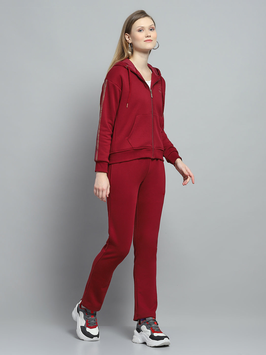 Women Maroon Printed Hooded Full Sleeve Tracksuit