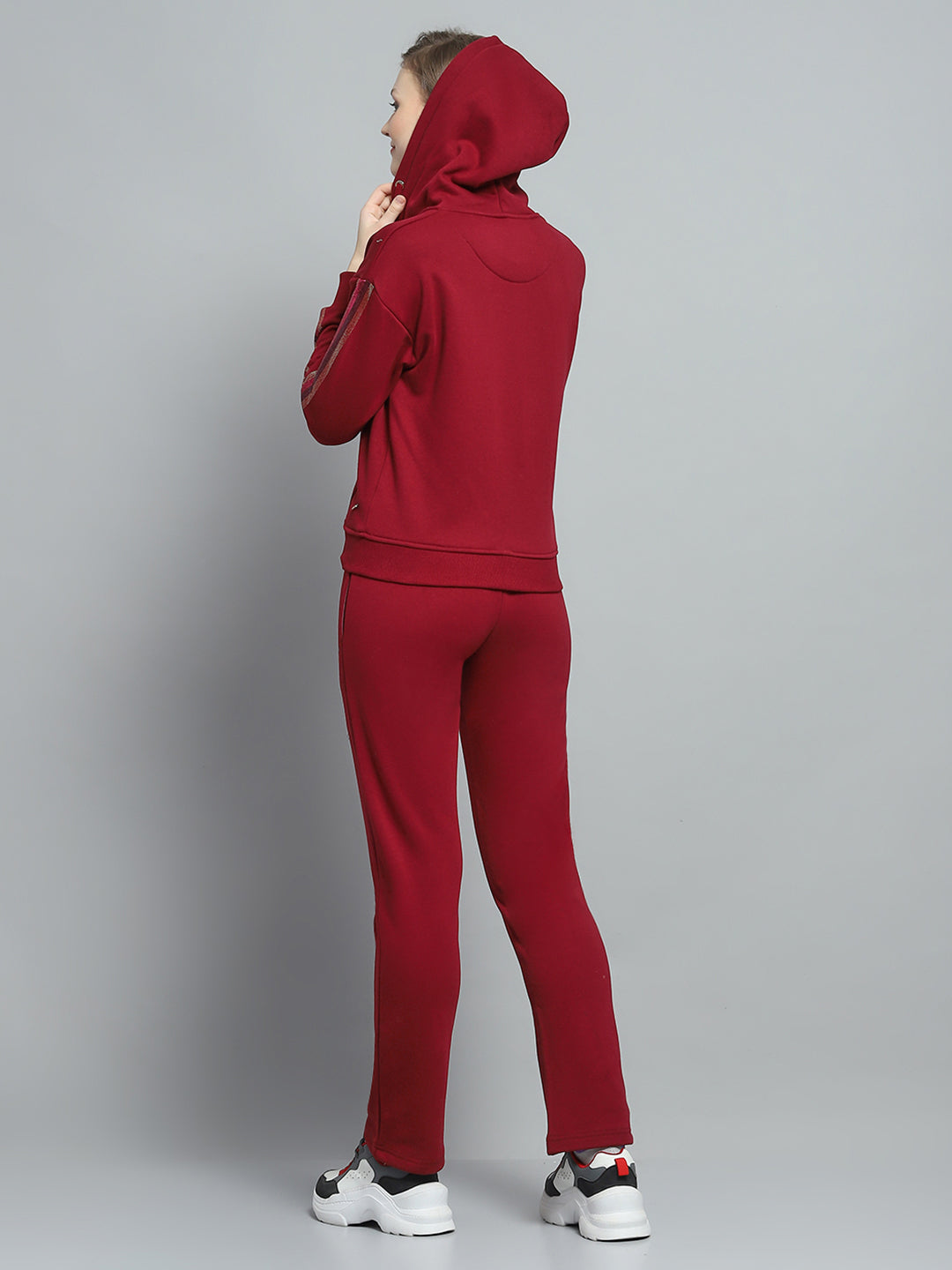 Women Maroon Printed Hooded Full Sleeve Tracksuit