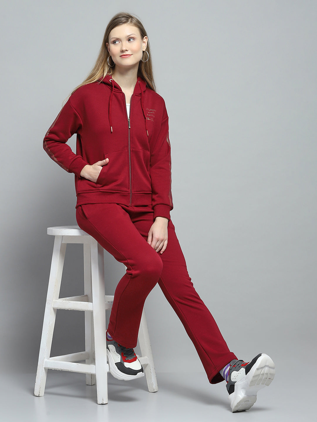 Women Maroon Printed Hooded Full Sleeve Tracksuit