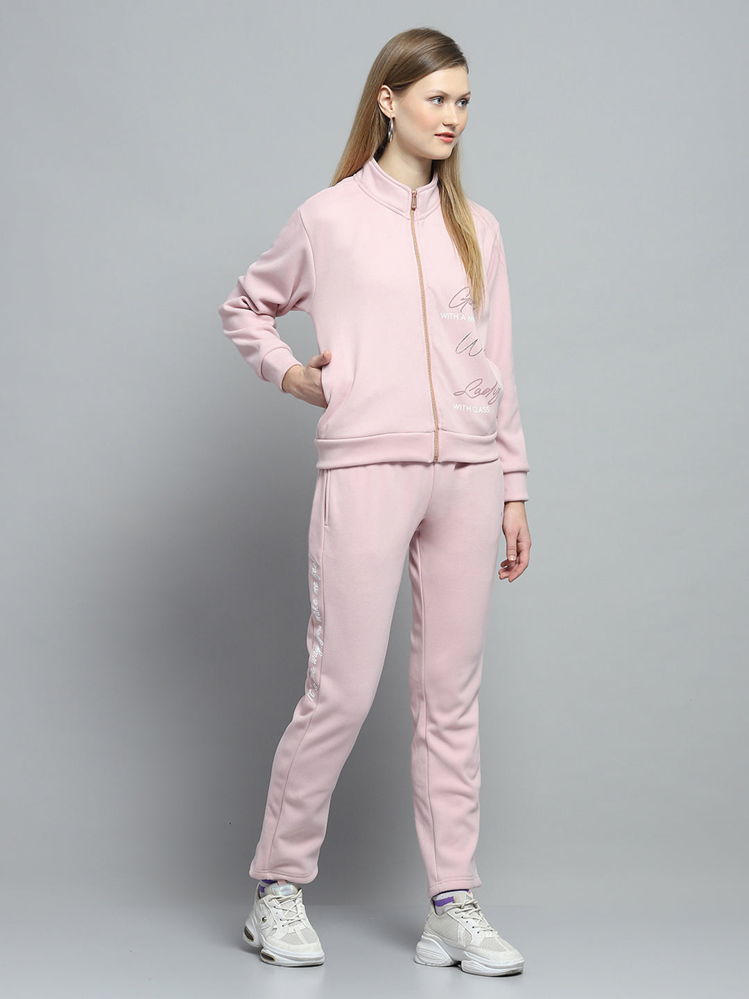Women Pink Printed Mock Neck Full Sleeve Tracksuit