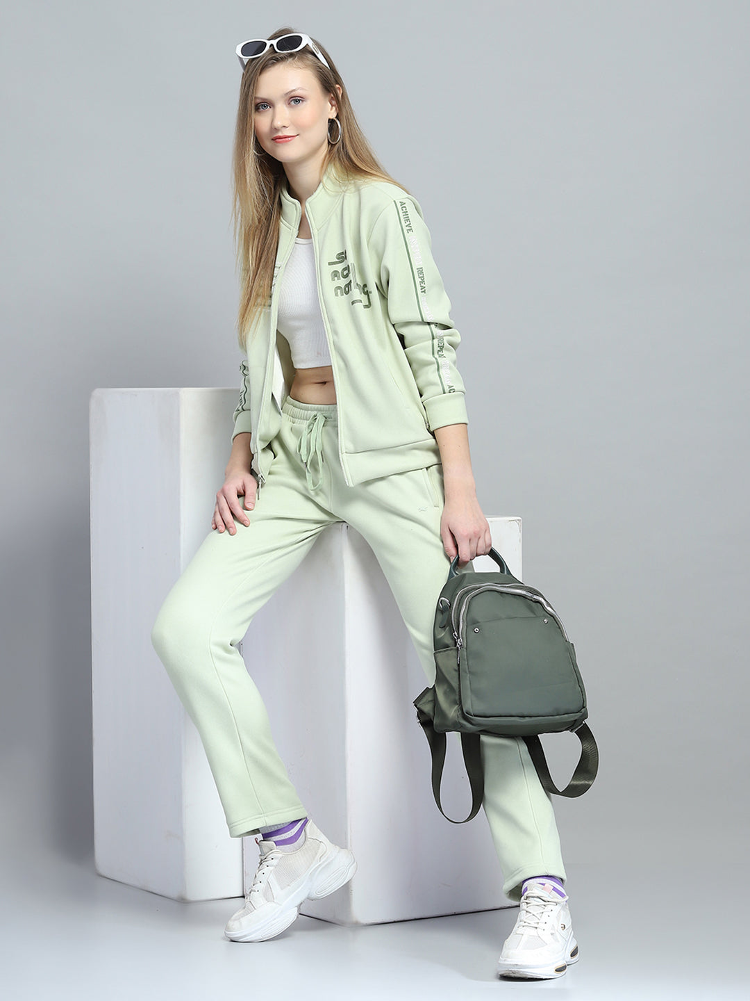 Women Green Printed Mock Neck Full Sleeve Tracksuit