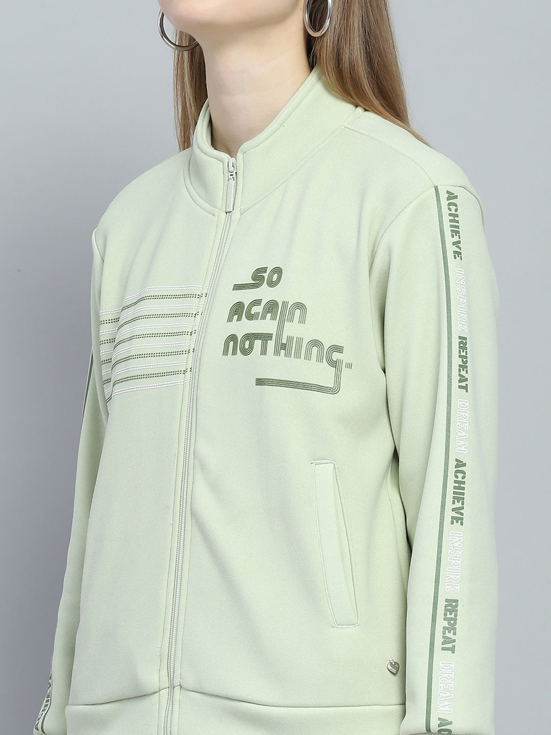 Women Green Printed Mock Neck Full Sleeve Tracksuit