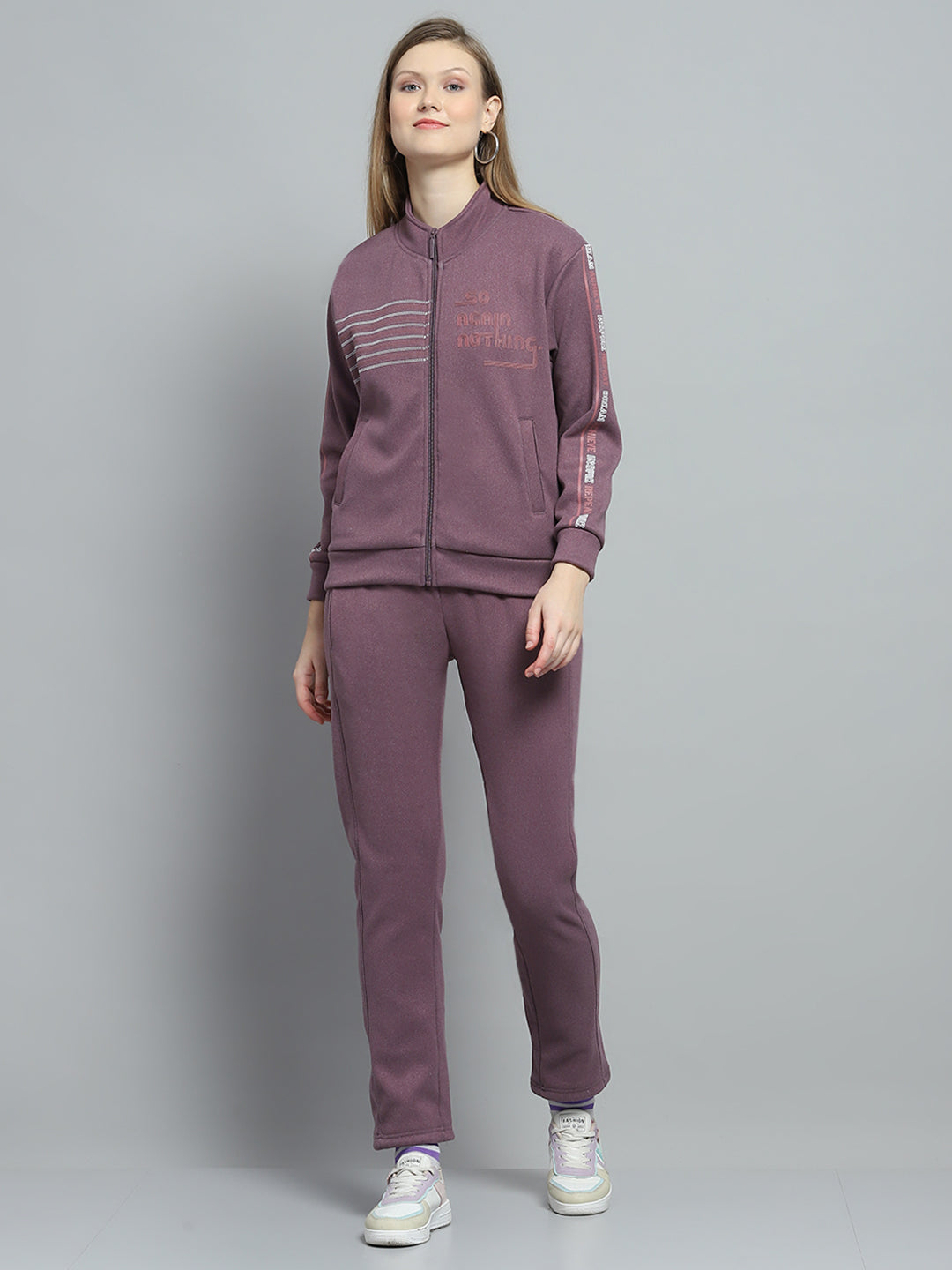 Women Purple Printed Mock Neck Full Sleeve Tracksuit
