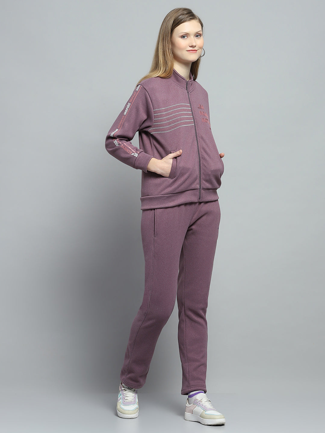 Women Purple Printed Mock Neck Full Sleeve Tracksuit