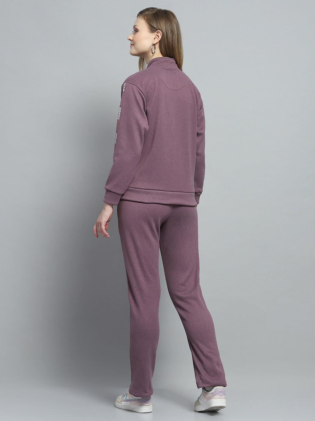 Women Purple Printed Mock Neck Full Sleeve Tracksuit