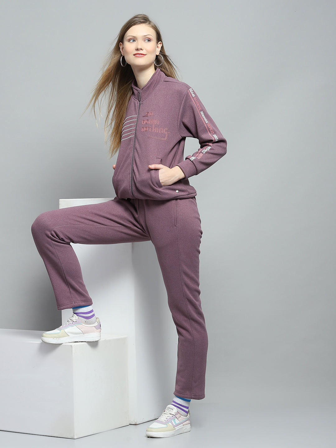 Women Purple Printed Mock Neck Full Sleeve Tracksuit