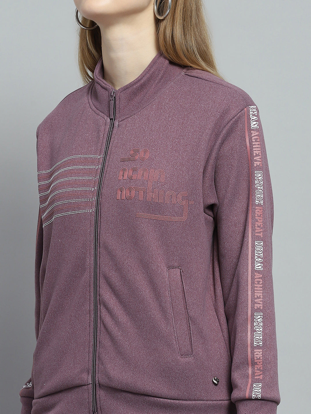 Women Purple Printed Mock Neck Full Sleeve Tracksuit