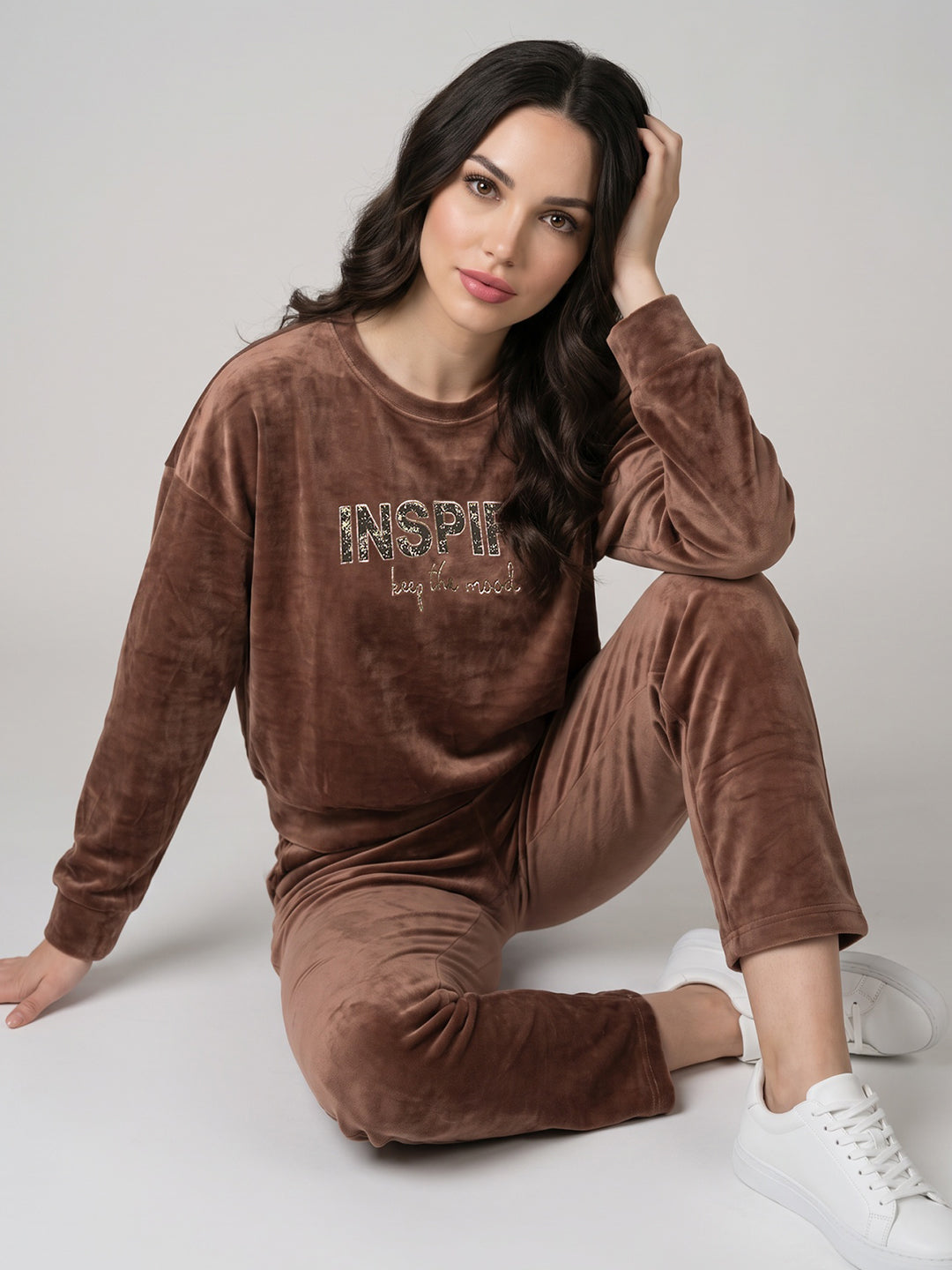 Women Brown Printed Round Neck Full Sleeve Cords Set
