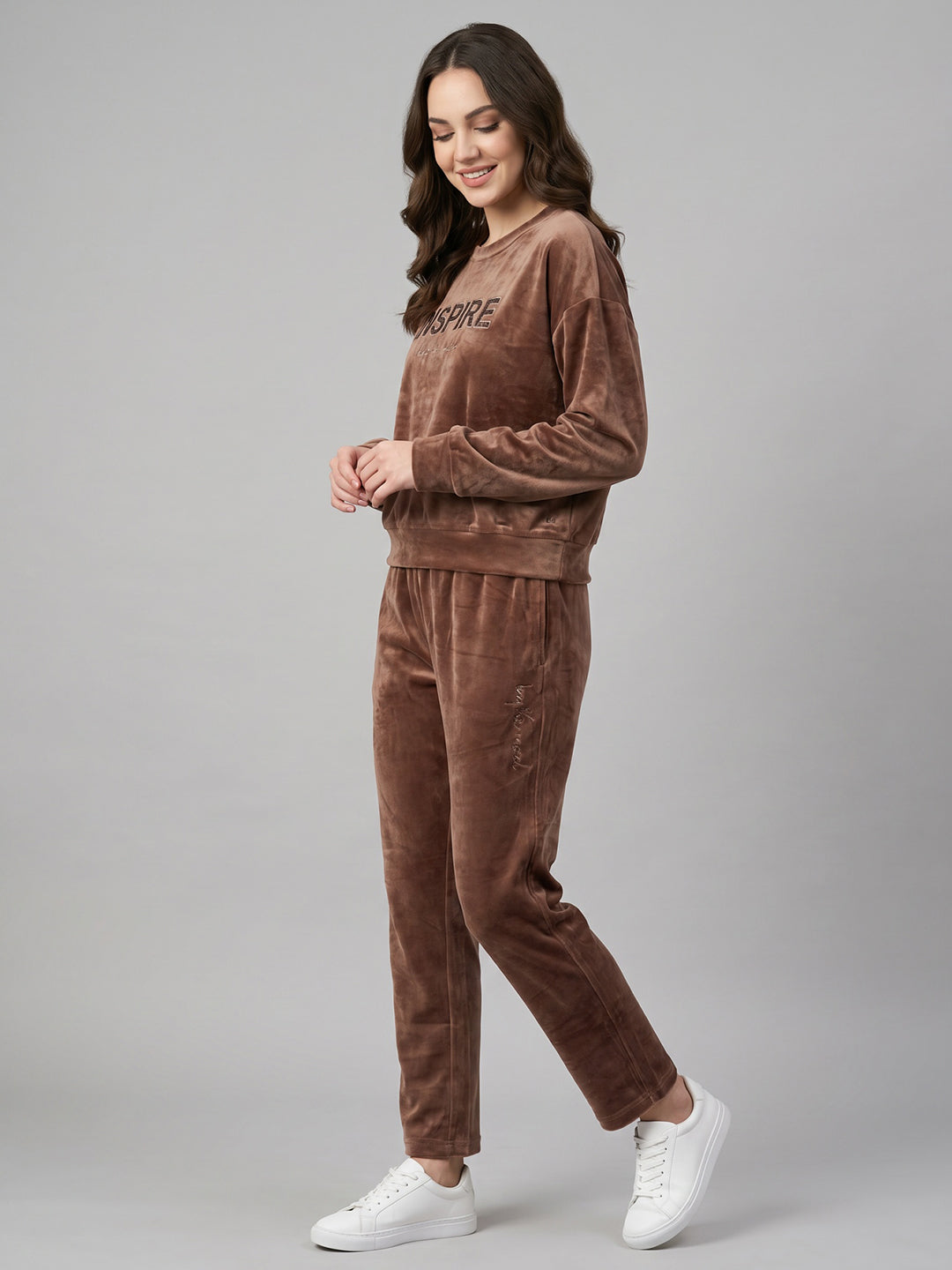 Women Brown Printed Round Neck Full Sleeve Cords Set