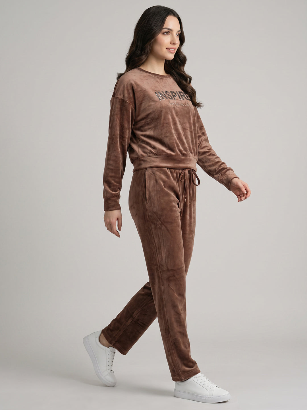 Women Brown Printed Round Neck Full Sleeve Cords Set