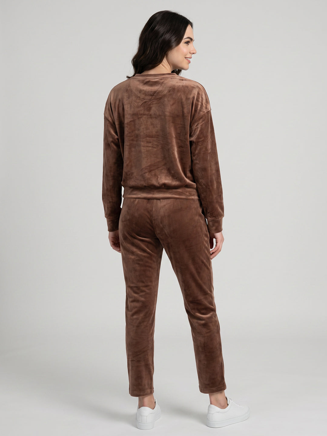 Women Brown Printed Round Neck Full Sleeve Cords Set