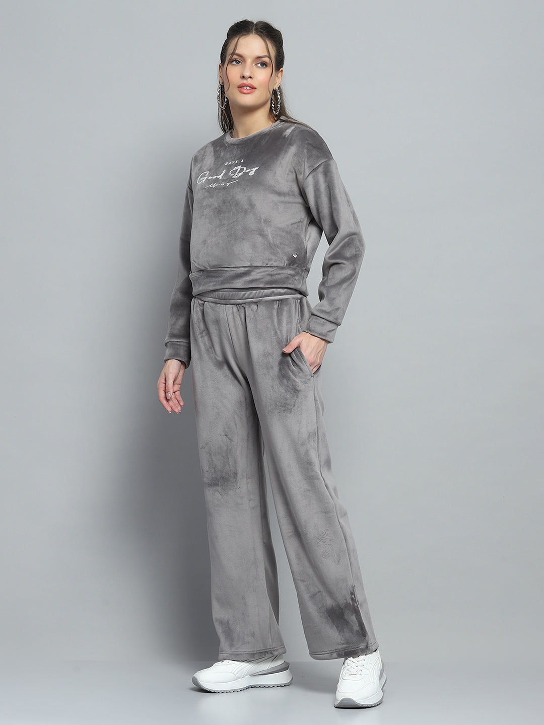 Women Grey Printed Round Neck Full Sleeve Cords Set
