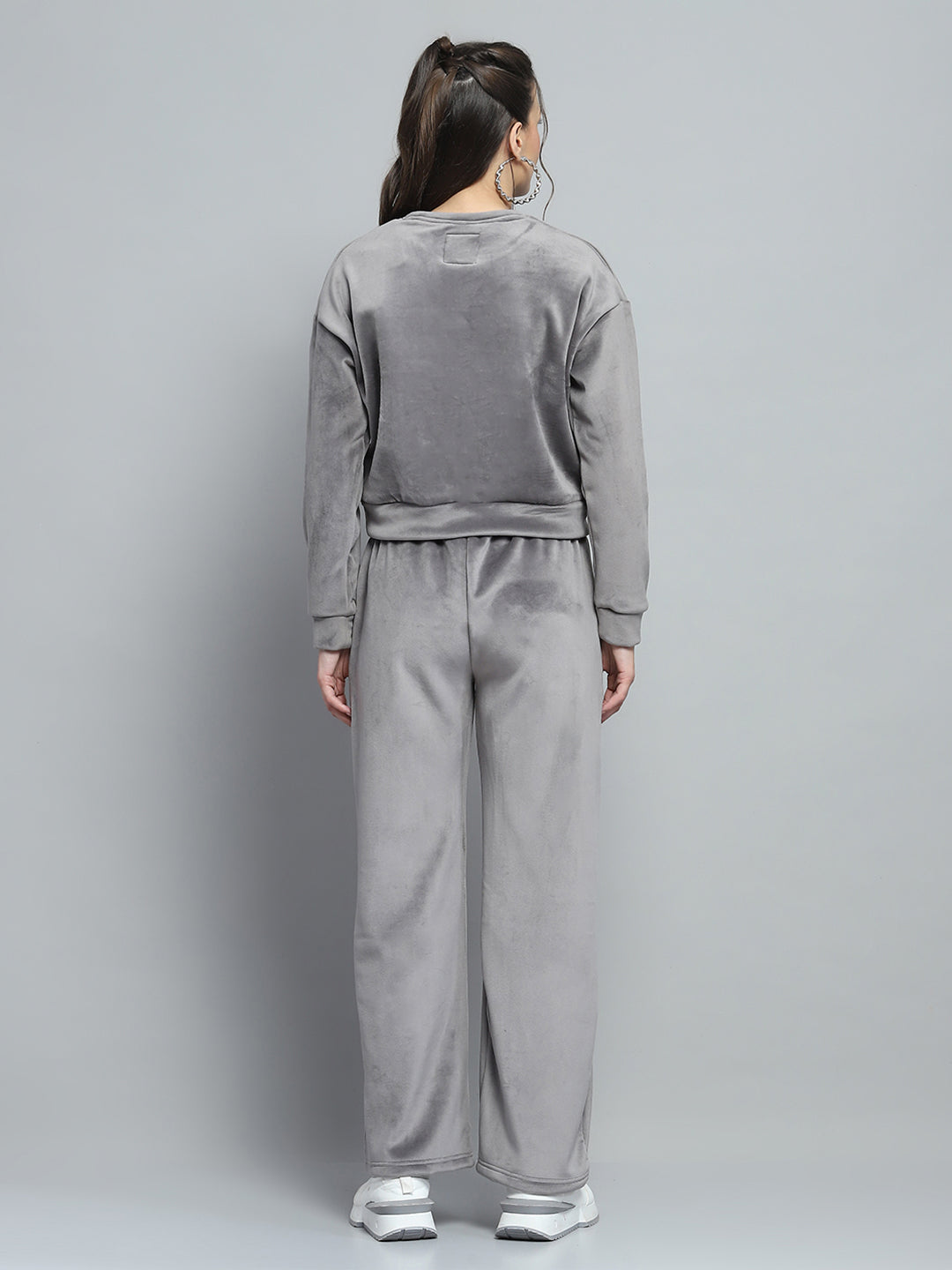 Women Grey Printed Round Neck Full Sleeve Cords Set