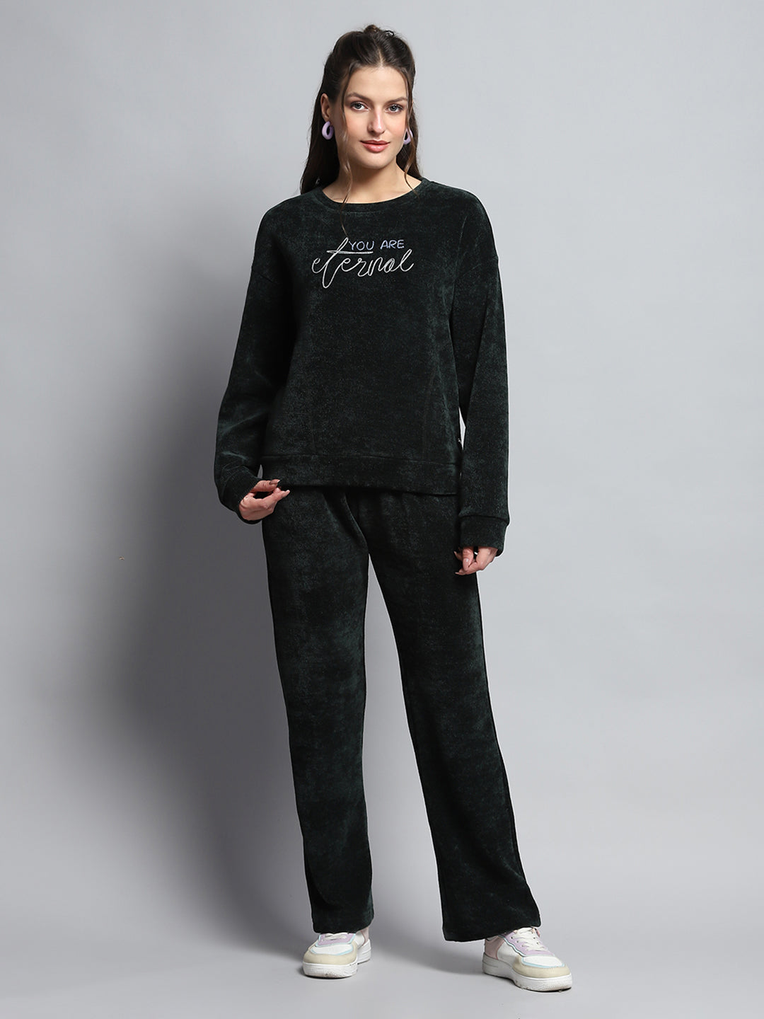 Women Green Printed Round Neck Full Sleeve Cords Set