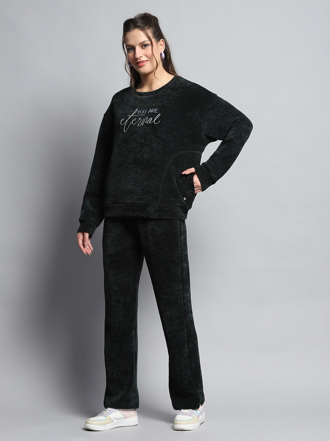 Women Green Printed Round Neck Full Sleeve Cords Set