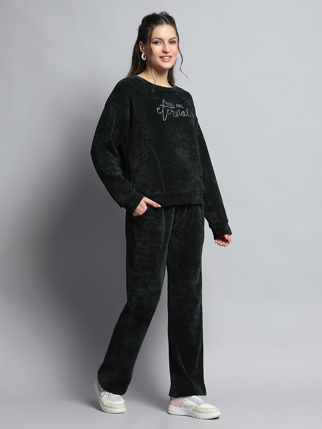 Women Green Printed Round Neck Full Sleeve Cords Set