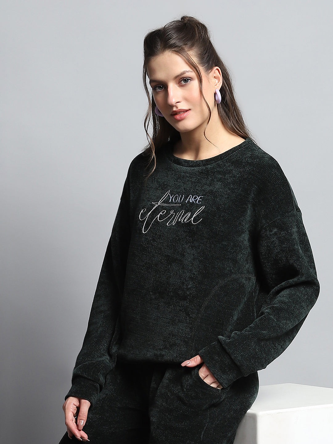 Women Green Printed Round Neck Full Sleeve Cords Set