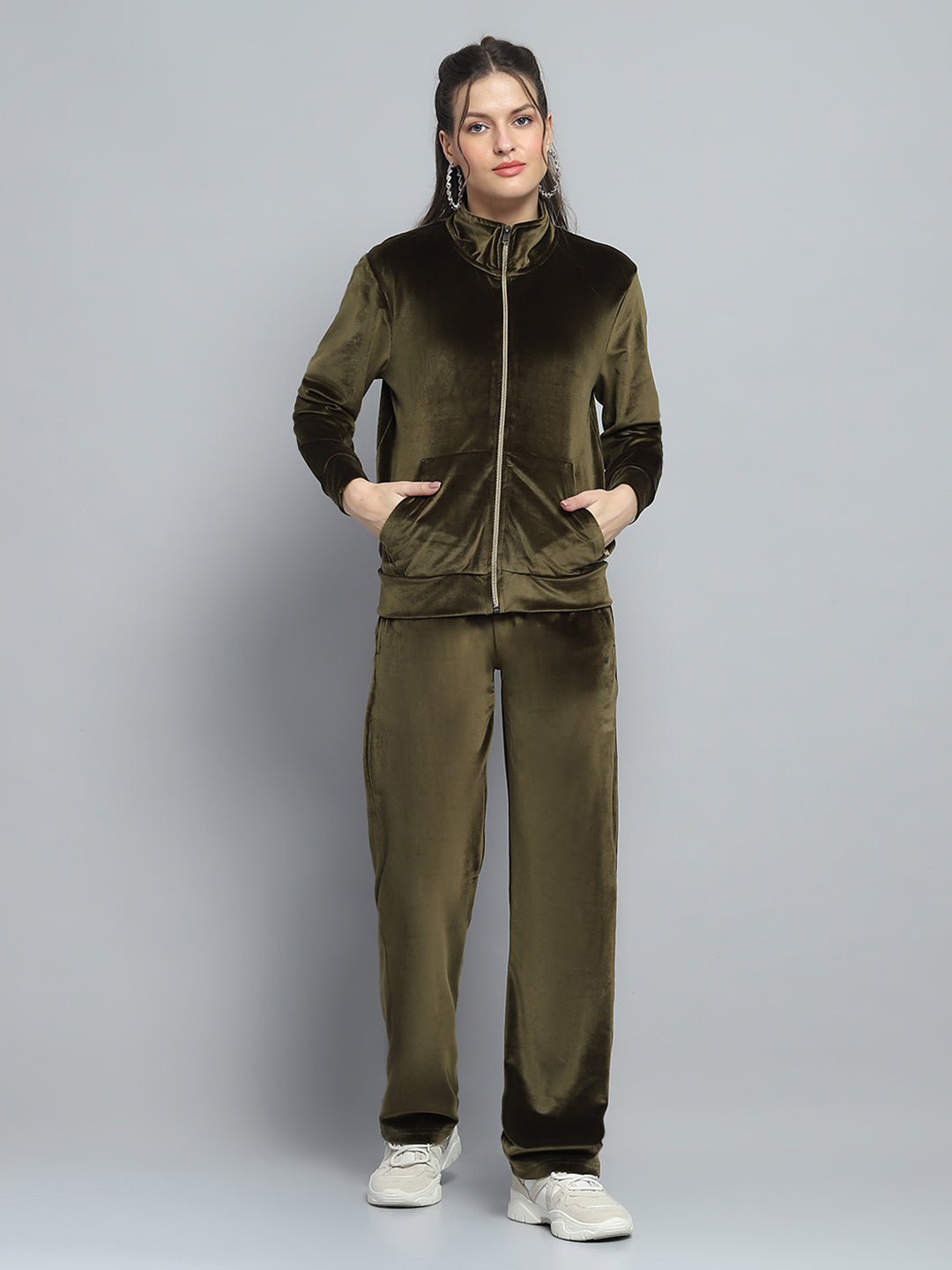 Women Olive Printed Mock Neck Full Sleeve Cords Set