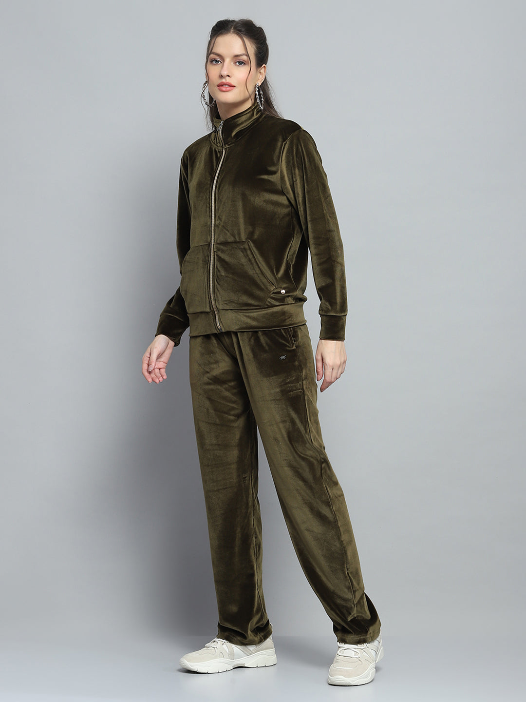 Women Olive Printed Mock Neck Full Sleeve Cords Set